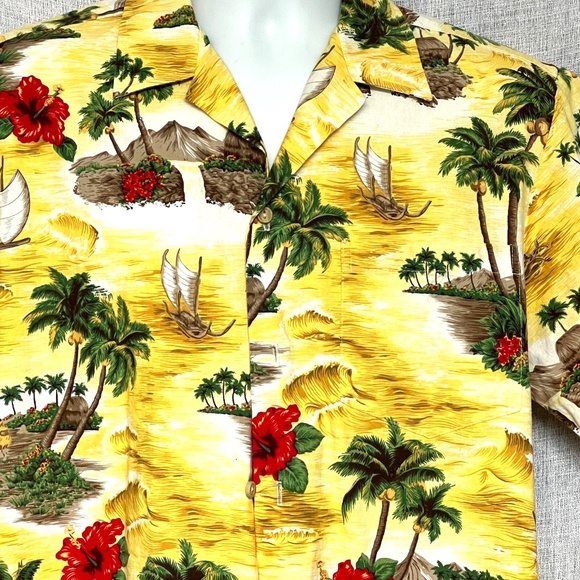 RJC Hawaiian Shirt Made In Hawaii Size Medium Yellow Button Up 100% Cotton Palms - Picture 3 of 5